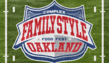 Logo on a football field reads "Complex Family Style Food Fest Oakland" in red and blue.