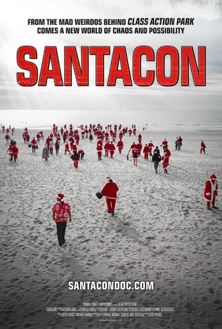 A crowd of people dressed as Santa Claus walk across a sandy beach; large red "SANTACON" title and movie website are displayed above and below the image.