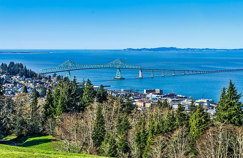 The Astoria-Megler Bridge across the lower Columbia River, with Astoria, Oregon.