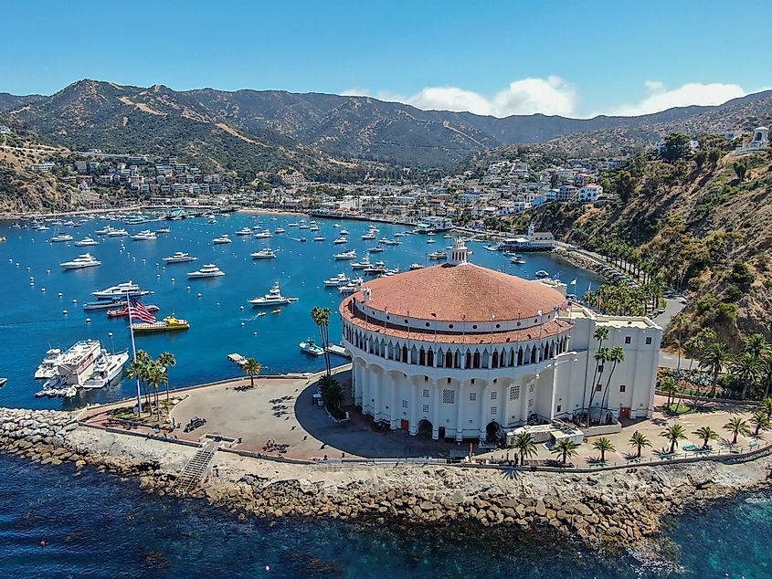 Aerial view of the Avalon Harbor and Catalina Casino in Avalon, California.