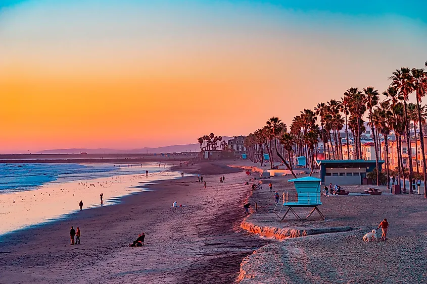 View of the beach at sunset, in Oceanside, California.