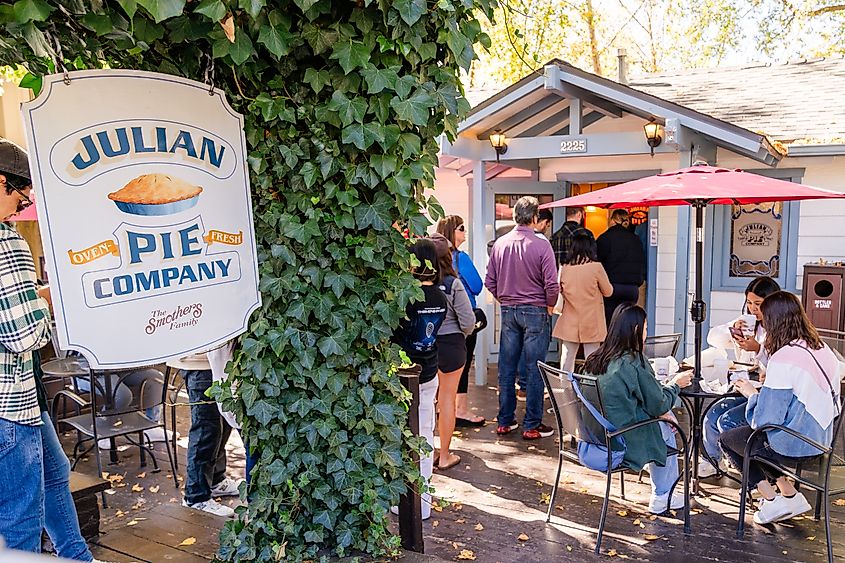 Customers line up before the Julian Pie Company store in Julian, California.