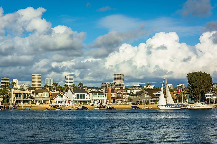 View of Balboa Island, and buildings in Irvine from Newport Beach, California.