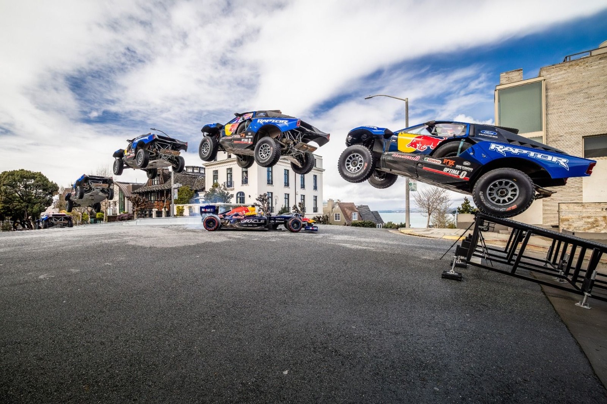 Ford’s Dakar truck leaps over Red Bull’s RB7 in San Francisco stunt