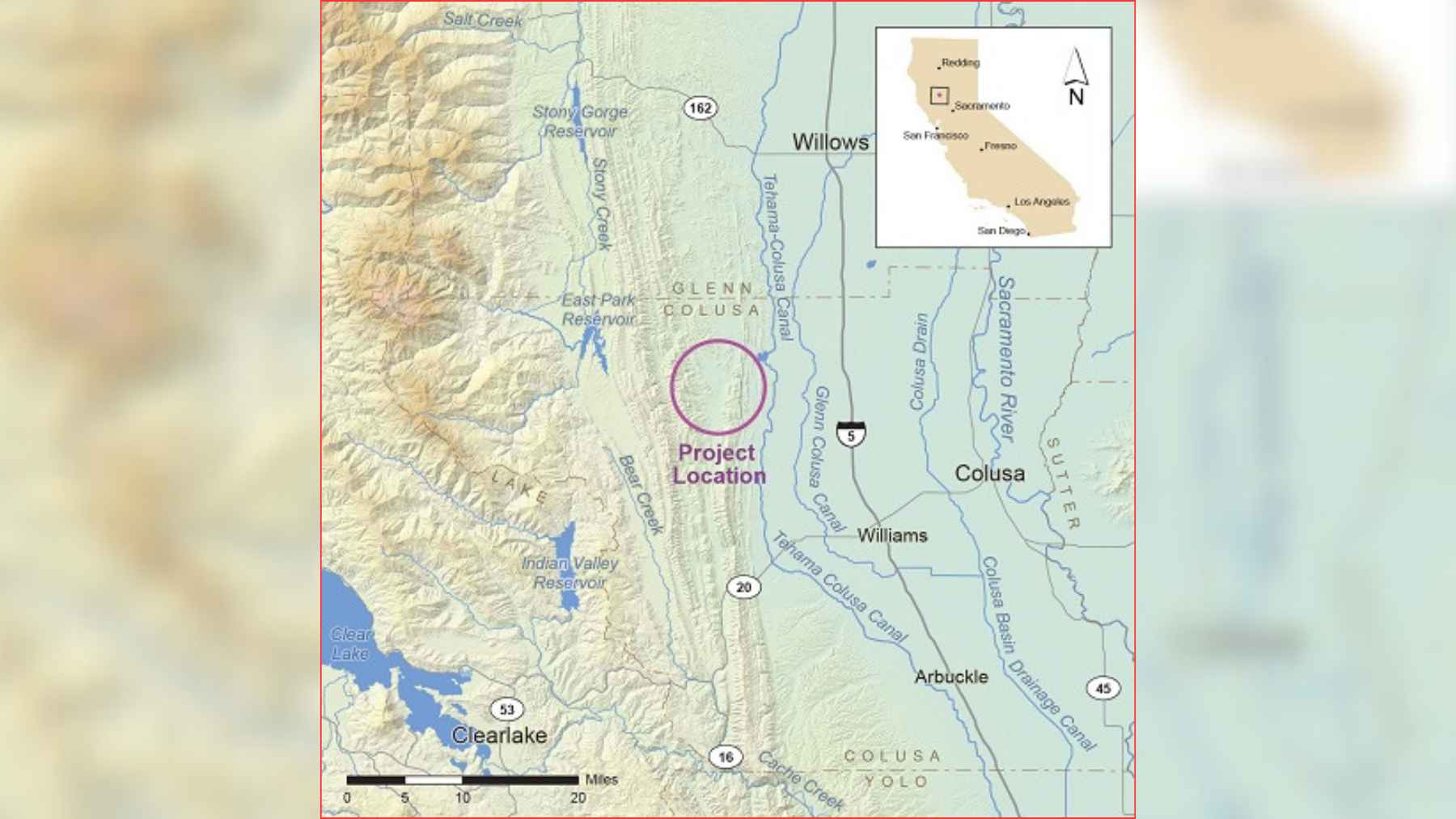 Map showing the proposed Sites Reservoir project location in Colusa County, Northern California, west of the Sacramento River near Willows.