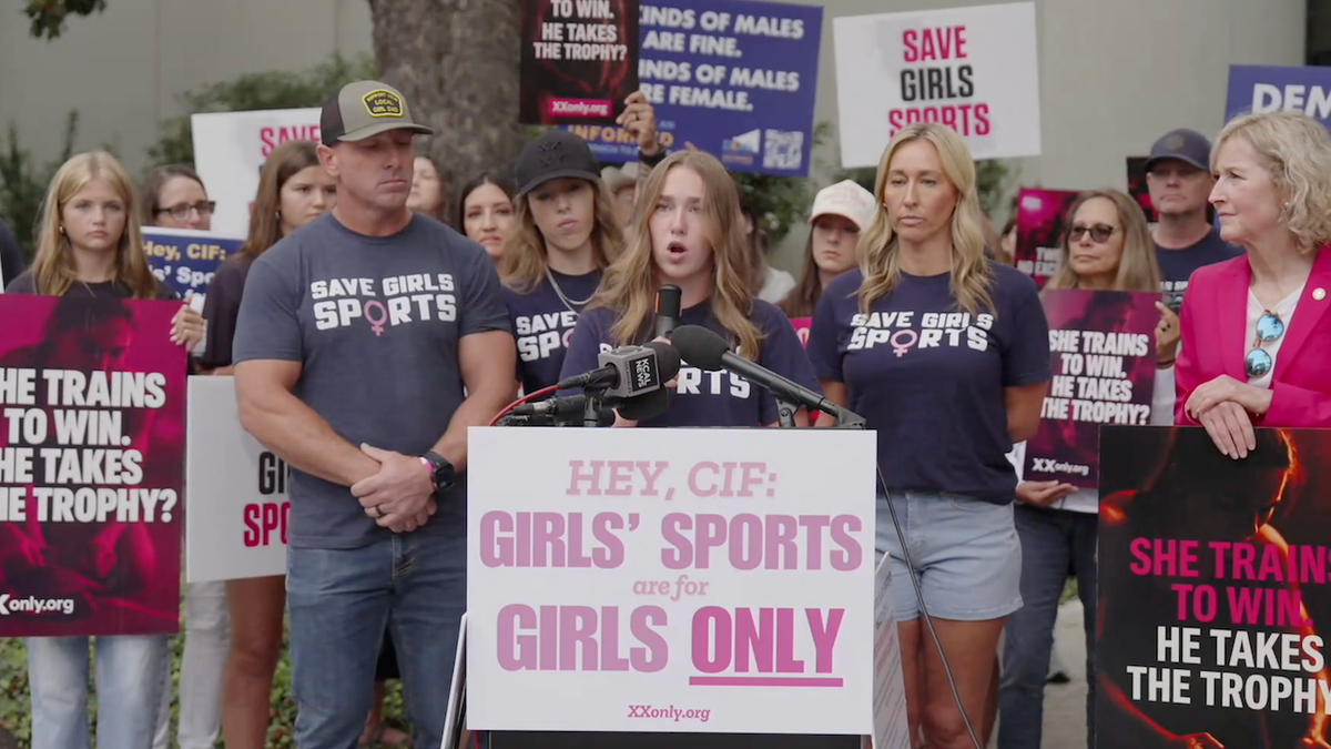 Taylor Starling speaks at a "Save Girls Sports" rally in California