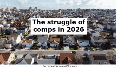A view of a neighborhood from aerial, and there is a white rectangle with black font stating, "The struggle of comps in 2026."