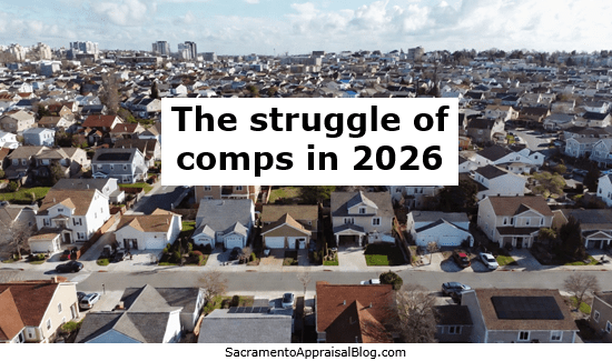 A view of a neighborhood from aerial, and there is a white rectangle with black font stating, "The struggle of comps in 2026."