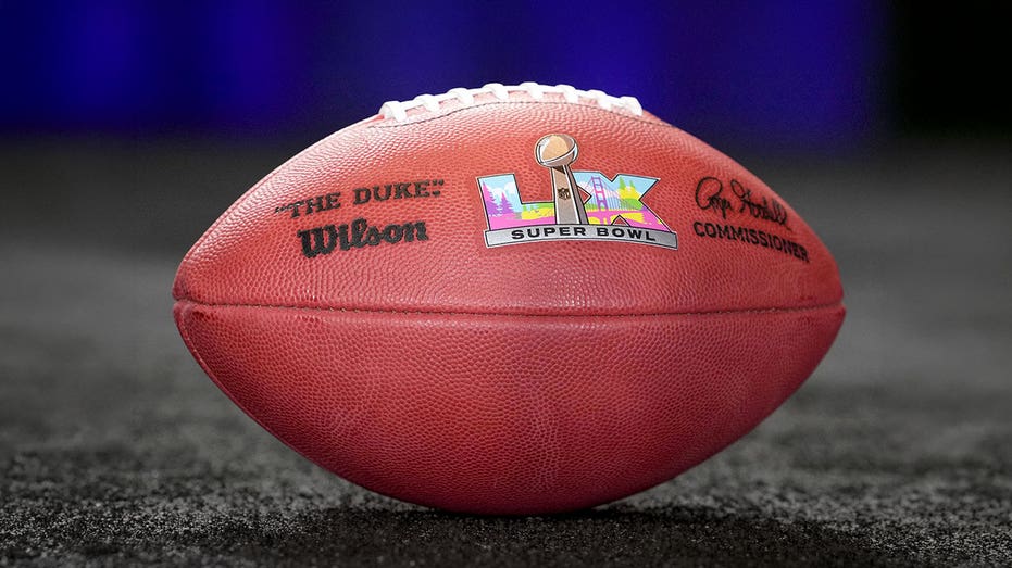 A football with the Super Bowl LX logo.