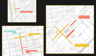 Three maps show different street closures in San Francisco, with each map highlighting roads closed on specific dates and times in January and February.