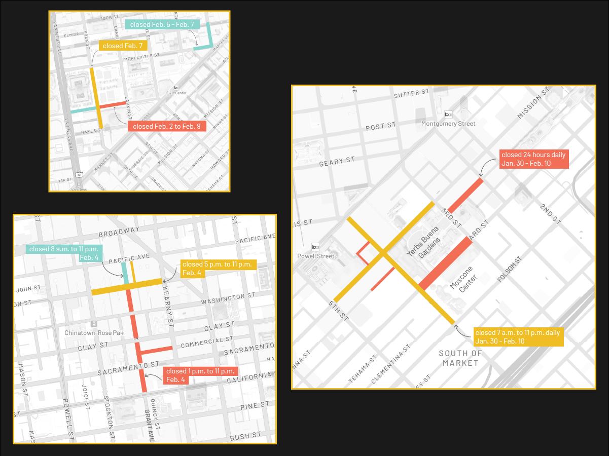Three maps show different street closures in San Francisco, with each map highlighting roads closed on specific dates and times in January and February.