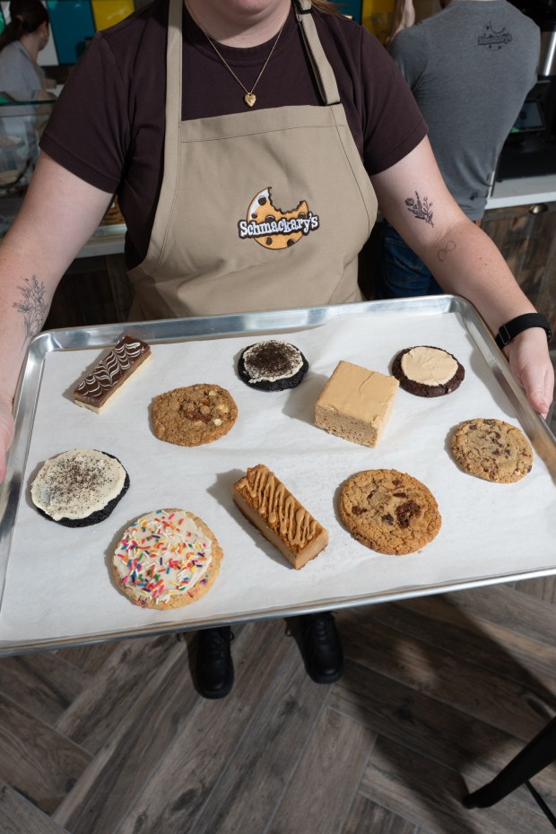A selection of fresh-baked cookies at Schmackary's gourmet cookie shop, which opens Saturday, Feb. 28, at 1255B University Ave., San Diego. (Jeromy Estabillo Chan/Slique Media)
