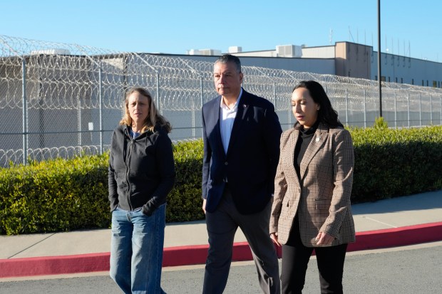 U.S. Senator Alex Padilla walks with San Diego County Supervisors Terra Lawson-Remer and Paloma Aguirre after he was denied access to the Otay Mesa Detention Center on Friday, Feb. 20, 2026, in San Diego, CA. Earlier in the afternoon the supervisors were also denied access to the detention facility. (Nelvin C. Cepeda / The San Diego Union-Tribune)