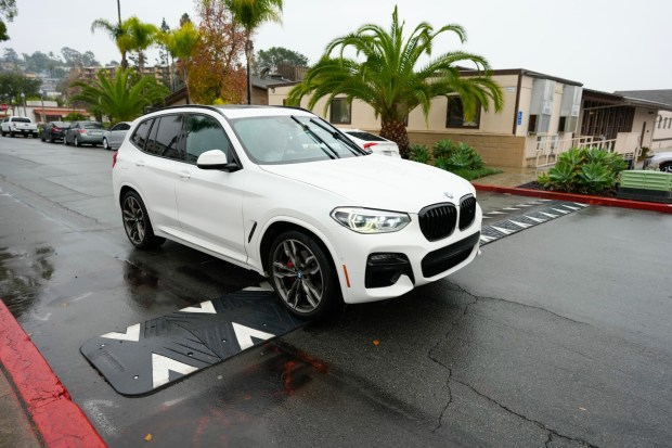 La Mesa is testing temporary speed humps on Date Avenue near City Hall as part of a pilot program aimed at improving neighborhood safety. (Nelvin C. Cepeda / The San Diego Union-Tribune)