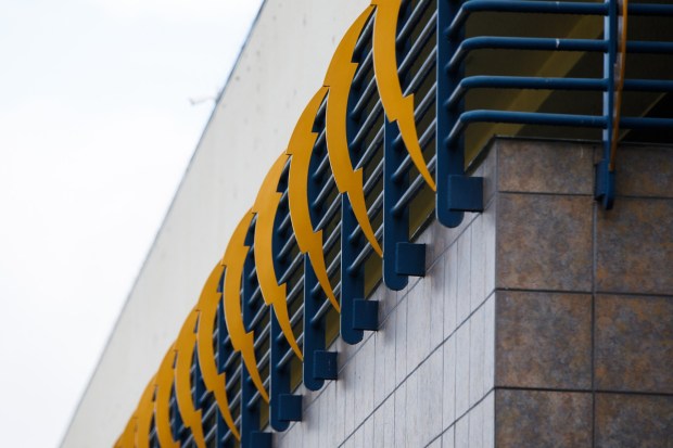 Lightning bolts are seen displayed at San Diego Police Plaza, which was previously the training facility for the San Diego Chargers. (Kristian Carreon / The San Diego Union-Tribune)