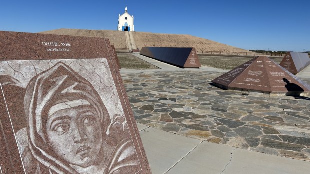 A Renaissance-era painting is recreated in granite in Felicity. The History of Humanity in Granite includes more than 700 panels. (Kristina Davis / The San Diego Union-Tribune)