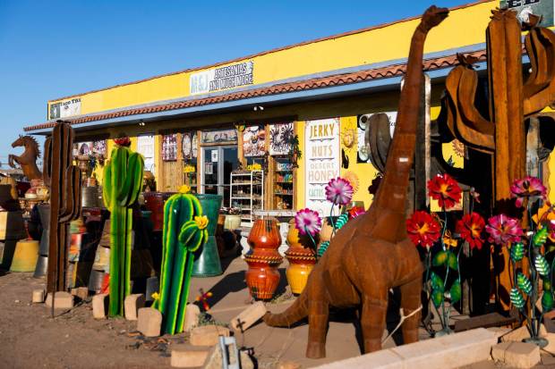 An assortment of decor to purchase at M&J Artesanias on Monday, Feb. 9, 2026 in Gila Bend, Ariz.. (Meg McLaughlin / The San Diego Union-Tribune)