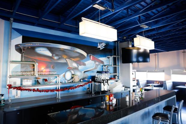 Space themed murals seen inside the Space Age Restaurant and Bar on Monday, Feb. 9, 2026 in Gila Bend, Ariz.. (Meg McLaughlin / The San Diego Union-Tribune)