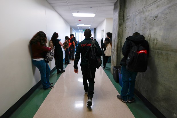 Ricky Shabazz, president of San Diego City College, walks down one of the crowded hallways on campus at San Diego City College on Tuesday, Feb. 3, 2026, in San Diego, CA.  (Nelvin C. Cepeda / The San Diego Union-Tribune)