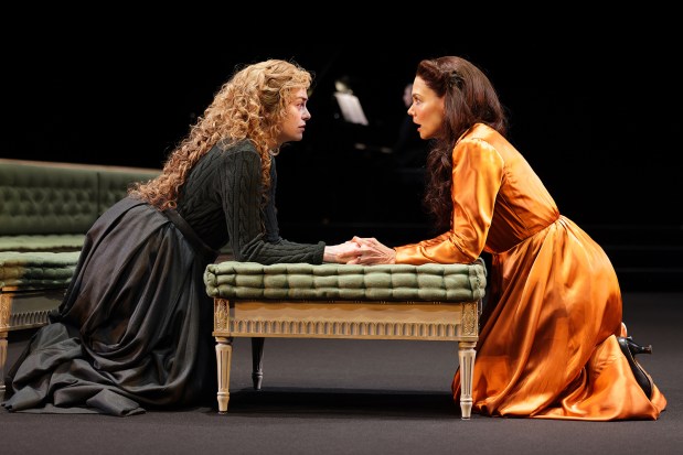 Celeste Arias as Thea Elvsted and Katie Holmes as Hedda Gabler in The Old Globe's "Hedda Gabler." (Rich Soublet II)