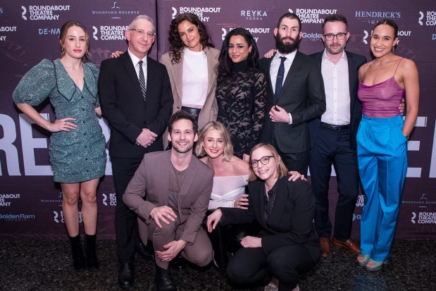 Director Barry Edelstein and actor Katie Holmes, back row second and third from left, with the cast of Roundabout Theatre Company's 2023 production of Anna Ziegler's "The Wanderers." (Tricia Baron)