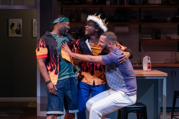 Rondrell McCormick as Cordell, left, Jocorey Mitchell as Everett and Tristan J Shuler as Dwayne in Cygnet Theatre's "Hot Wing King." (Karli Cadel)
