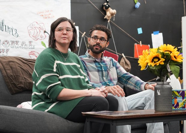 Jordyn Case and Michael DiRoma rehearse a scene for Trinity Theatre Company's "Rabbit Hole." (Vivian White)