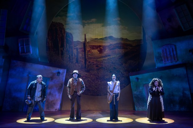 Edward Padilla, left, Luis Sherlinee, Vanessa Orozco and Luzma Ortiz in a scene from Cygnet Theatre's "Somewhere Over the Border." (Karli Cadel)