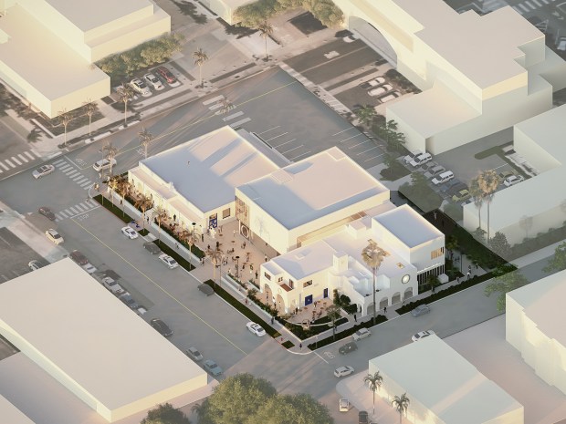A bird's-eye view of the future Oceanside Museum of Art campus, which will expand to stretch a full city block with the inclusion of the city-owned Fire Station No. 1 in the bottom left corner of the block at Pier View Way and North Nevada Street. (Safdie Rabines Architects)