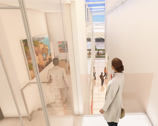 As part of the Oceanside Museum of Art's planned expansion, the existing gallery building, right, will connect with the former Fire Station No. 1, left, where new galleries, education and storage spaces are planned. (Safdie Rabines Architects)