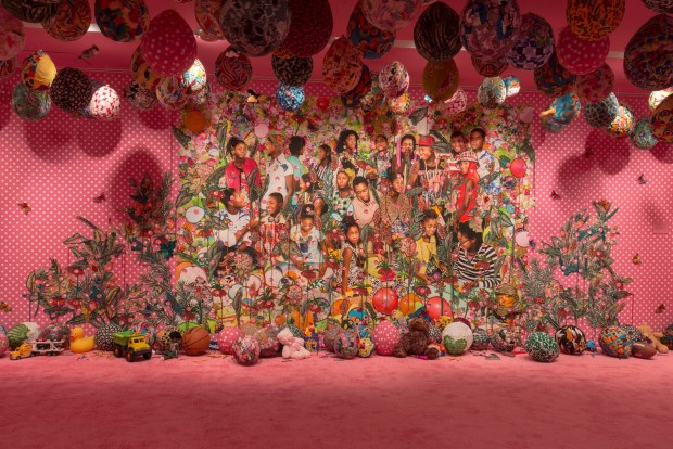 " .. . they were just hanging out . . . you know . . . talking about . . . ( . . . when they grow up . . .)," a multimedia work by Ebony G. Patterson. The Dean Collection. (Courtesy of Swizz Beatz and Alicia Keys)