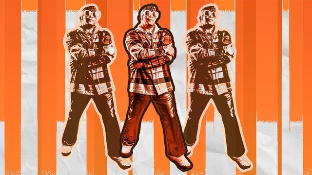 Three images of the same man standing with arms folded against an orange and white background