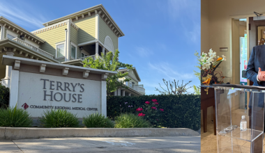 house and a man at a podium spliced together