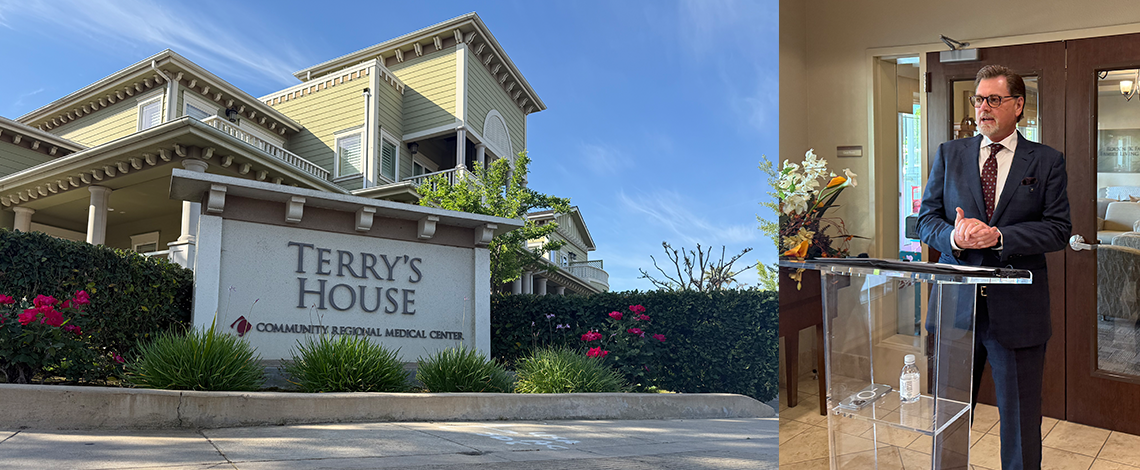 house and a man at a podium spliced together