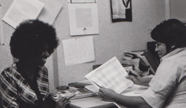 Two Sac State students in 1967. The successful graduation of eight Black students led to the creation of the Educational Opportunity Program the year prior. (Photo courtesy of Sacramento State)