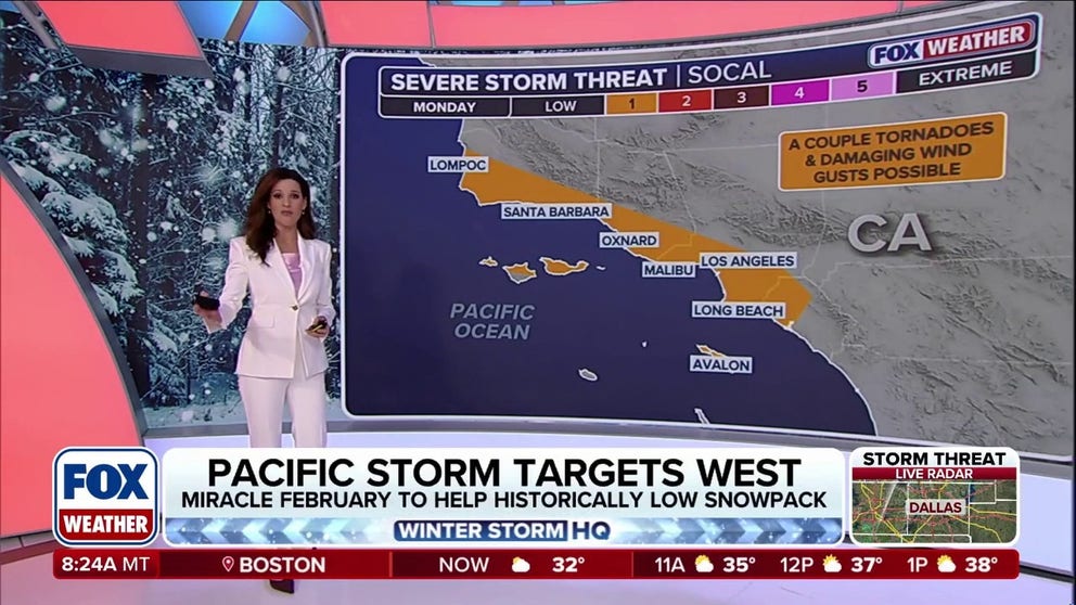 A low-level severe weather threat goes into effect Monday for southern California as rounds of storms bring heavy rain and feet of snow to the West Coast. The National Weather Service said the storm could be extremely dangerous, with damaging winds and some tornadoes possible. 