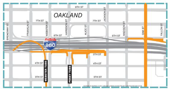 Oakland Alameda Access Project (OAAP) project map, highlighting the anticipated work locations and parking restrictions in Oakland for 2026. Details of the project is listed below.