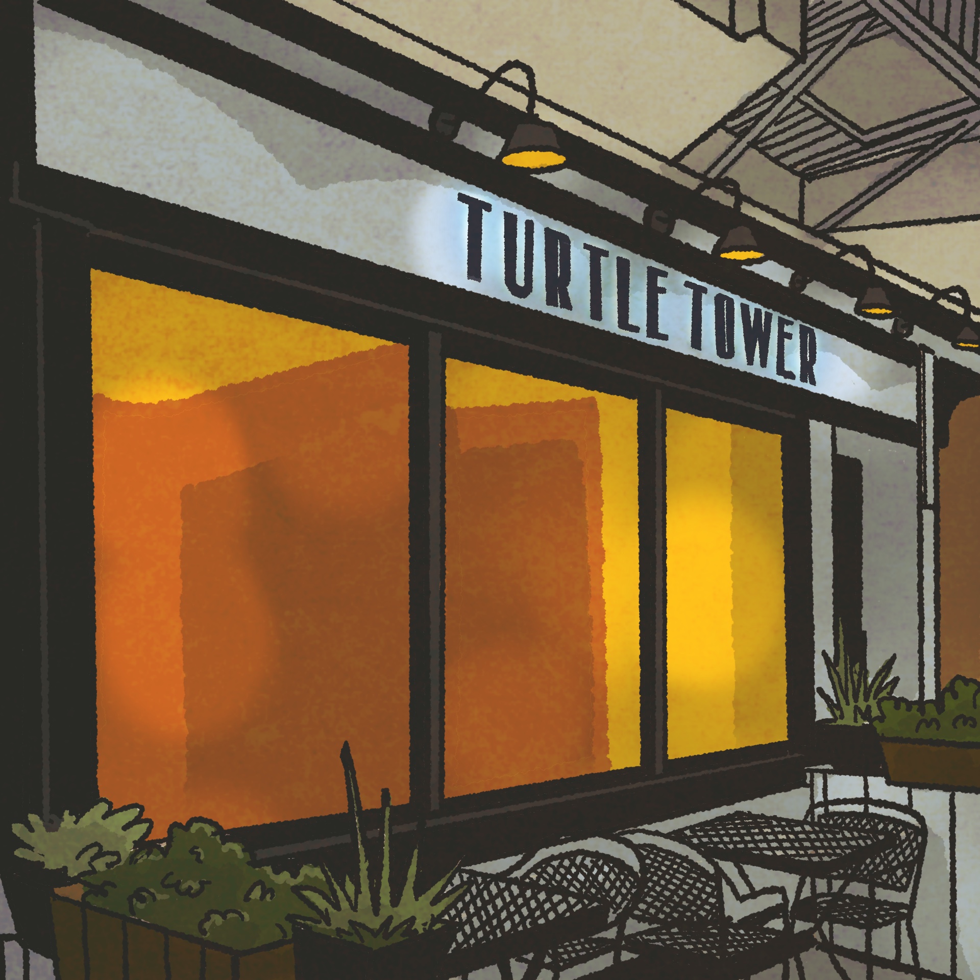 Illustration: Exterior of a restaurant. The sign up top reads, 