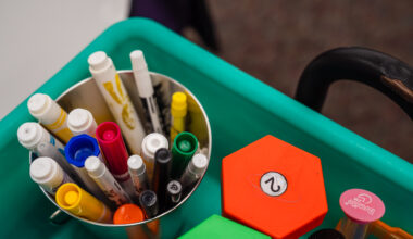 Markers sit on a table in a classroom at Madison Elementary School in El Cajon on Nov. 9, 2023.