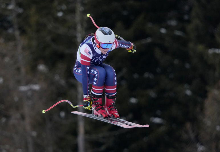Feb 6, 2026; Cortina d'Ampezzo, ITALY; Breezy Johnson of the United States in women's downhill training
