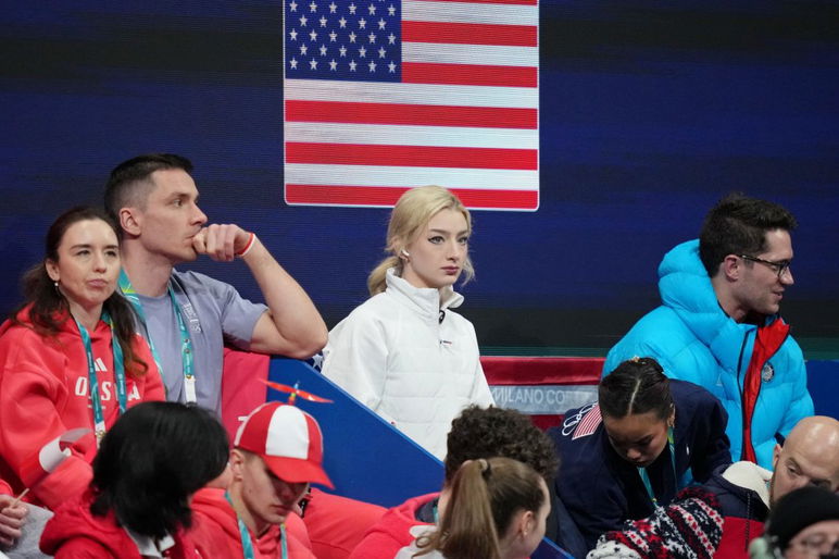 Feb 6, 2026; Milan, Italy; United States figure skater Amber Glenn watches women's singles short program