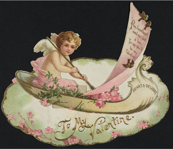 A watercolor-looking card that says, in gold, "to My Valentine" and features a cherub writing on a piece of pink paper, "Pray, sweetheart, send me just a line, To say you'll be my Valentine"