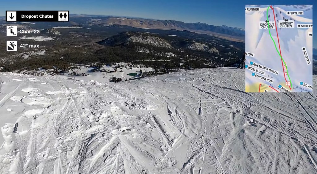 A ski slope overview with a map of "Dropout Chutes" at Mammoth Mountain, California.