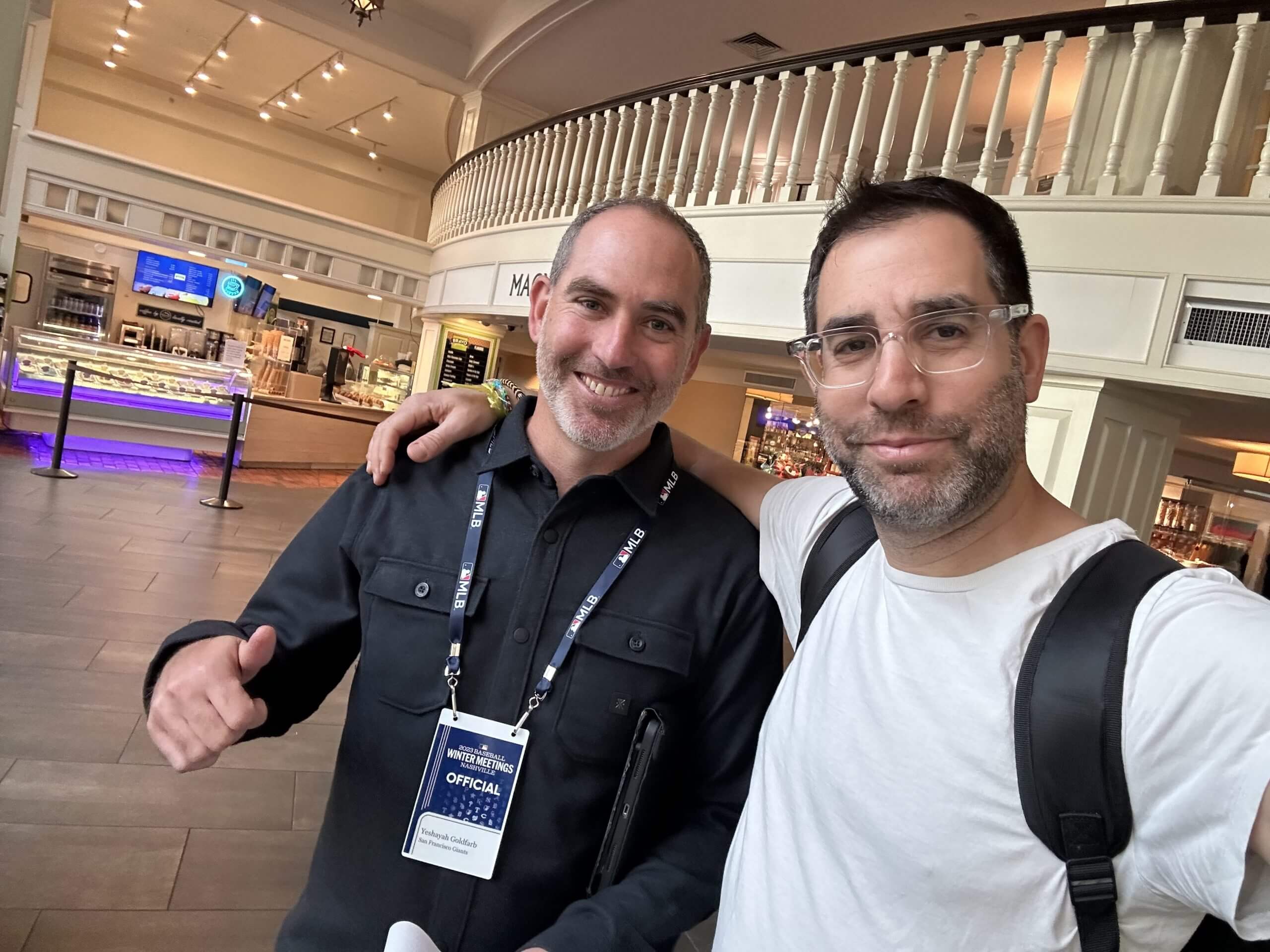 Yeshayah Goldfarb (left) and Bryan Carmel at the MLB Winter Meetings in 2023.