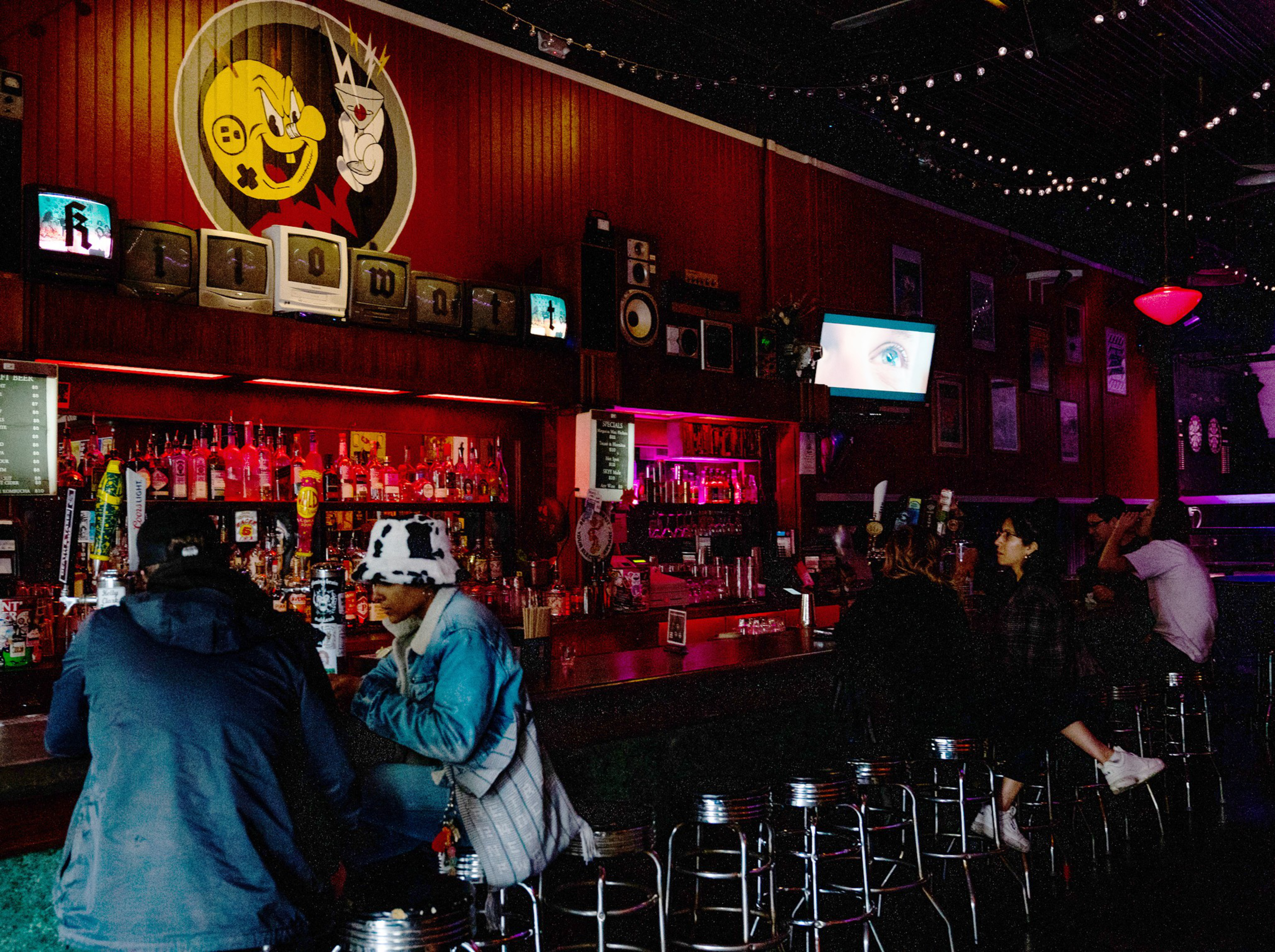 the interior of a dark bar