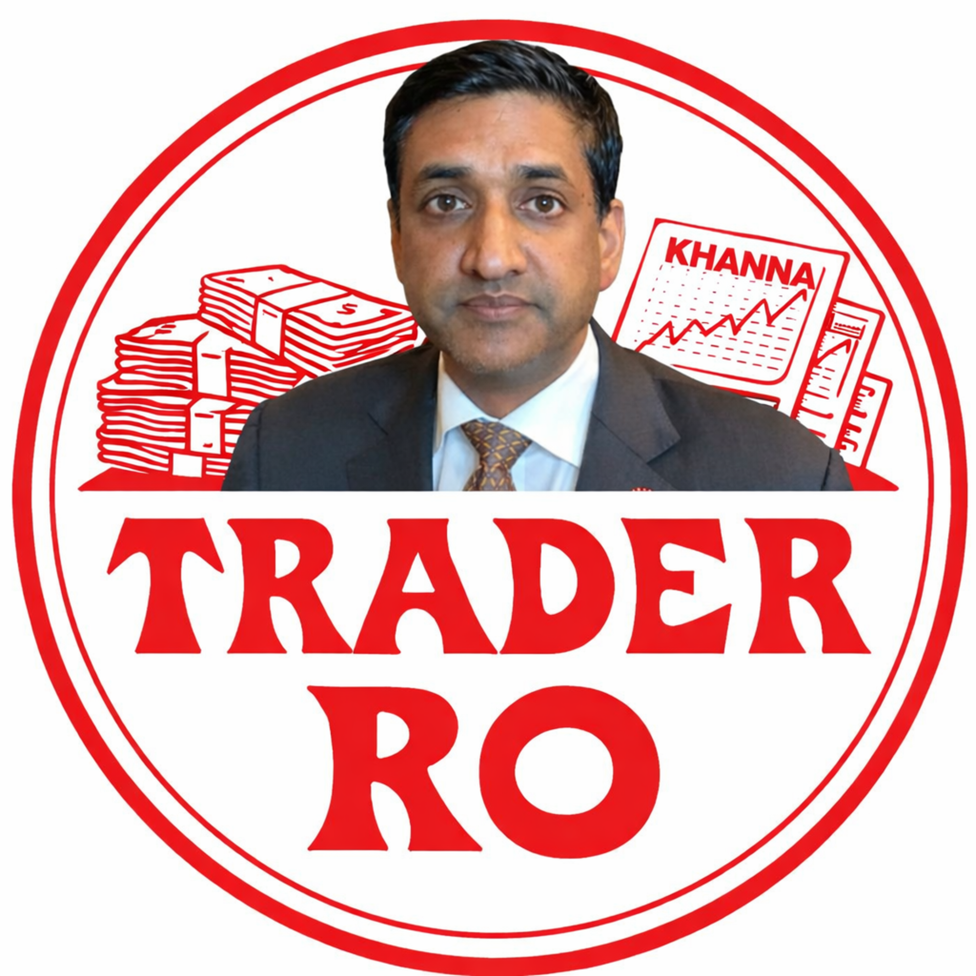 A man in a suit and tie is centered over red illustrations of cash stacks and stock charts, with bold red text “TRADER RO” below him.