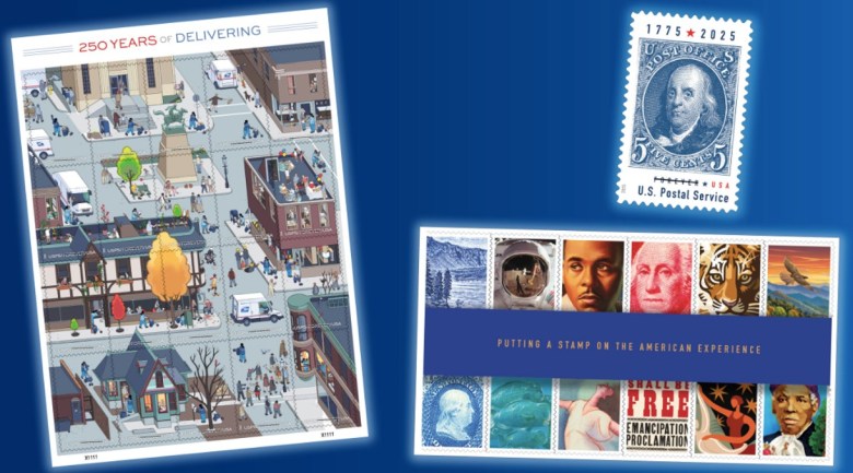 Postage laid out, incudling a stamp of Benjamin Franklin, a sheet reading "250 years of delivering" and a booklet that reads "putting a stamp on the American Experience."