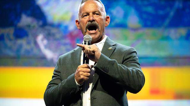Riverside Sheriff Chad Bianco speaks during a California Chamber of Commerce panel discussion with candidates for California governor at the SAFE Credit Union Convention Center  in Sacramento on Wednesday, June 4, 2025.
