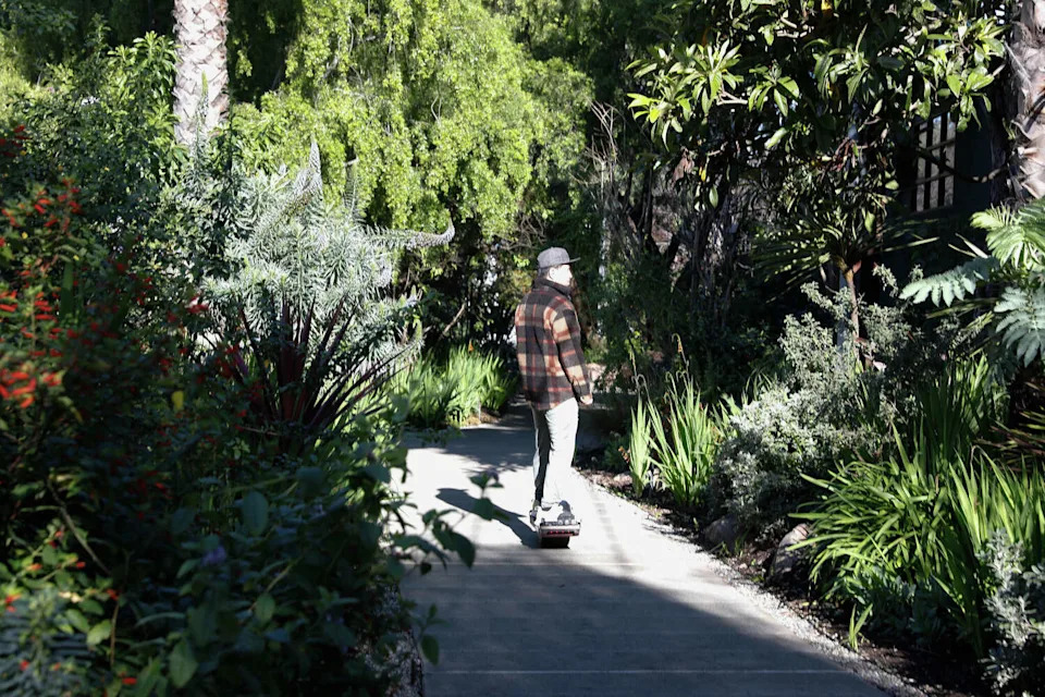 A skateboarder glides through the Minnesota Grove on a newly installed walkway on Wednesday, January 7, 2026, in San Francisco. Public Works put in new street, sidewalks, street lights, street corners and other improvements on two blocks along Minnesota Street which included a partnership with the Green Benefit District. (Lea Suzuki/S.F. Chronicle)