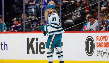 Feb 4, 2026; Denver, Colorado, USA; San Jose Sharks defenseman Timothy Liljegren (37) after scoring a goal in the third period against the Colorado Avalanche at Ball Arena. Mandatory Credit: Isaiah J. Downing-Imagn Images